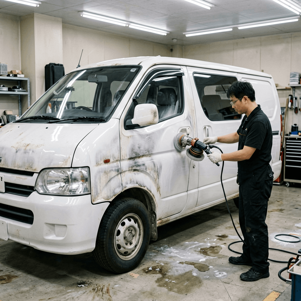 白ボケした商用車の塗装は蘇る?ハイエースで証明した段階研磨6ステップとKIHCES KP-1100 Proの実力|施工事例