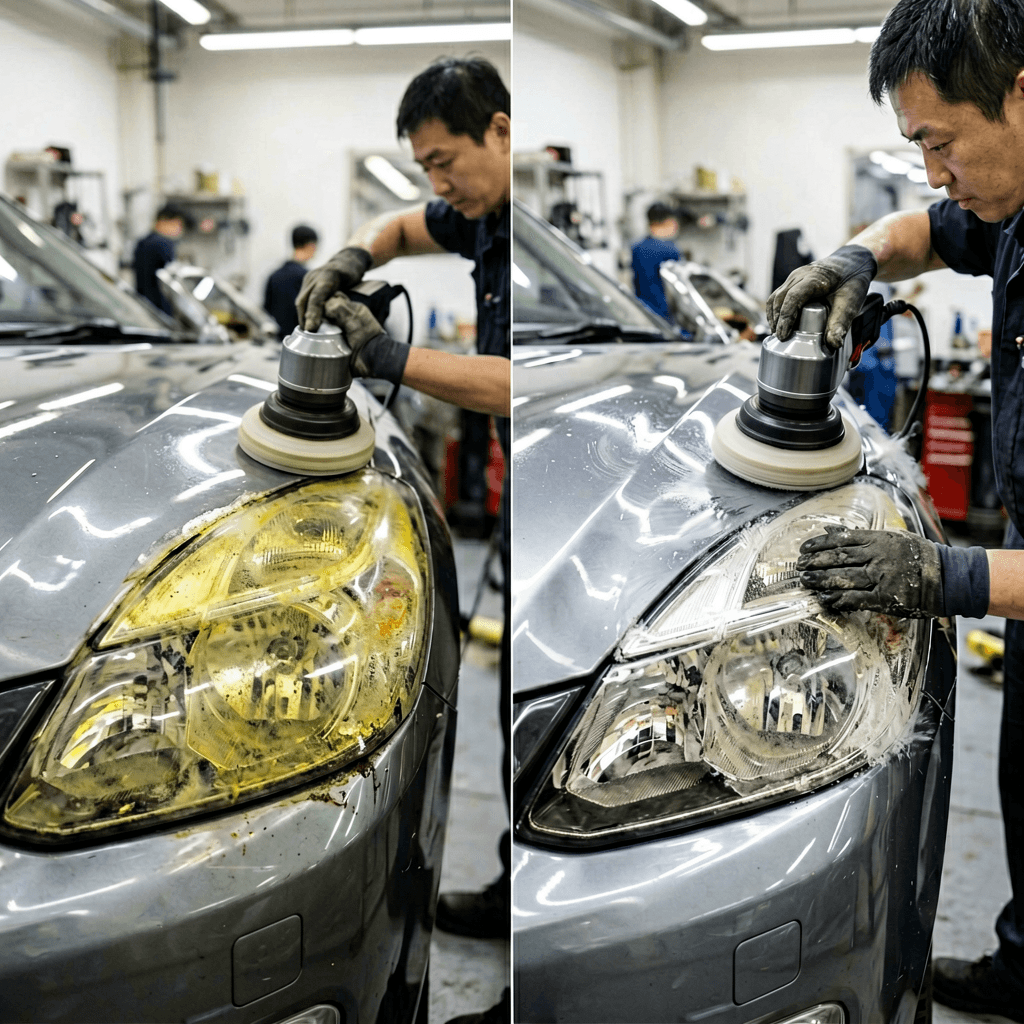 ヘッドライト黄ばみはどう再生する?国産ミニバン 10 年車を透明度 92% まで蘇らせた施工事例と KIHCES KP-1100 Pro 段階研磨の 6 ステップ|施工事例