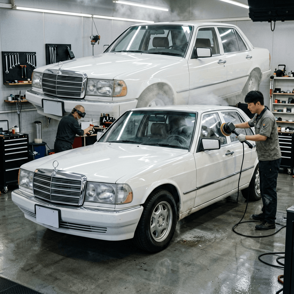 経年15年の輸入セダンはどう蘇る?白いパール塗装を新車時93%まで再生した施工事例とKIHCES KP-1100 Pro段階研磨の6ステップ|施工事例