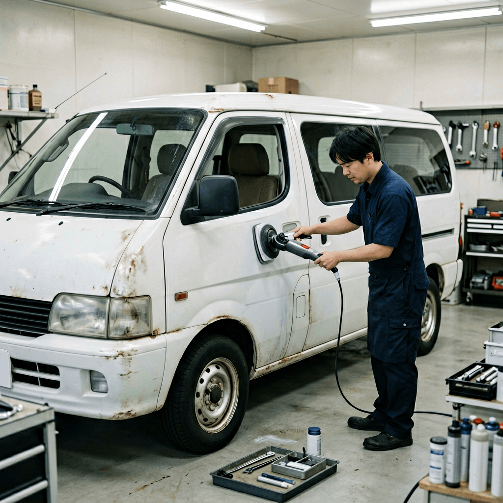 【施工事例】8年・18万kmのハイエースはどう蘇るのか?KIHCES KP-1100 Proで仕上げる外装研磨+内装リセットの全工程|施工事例